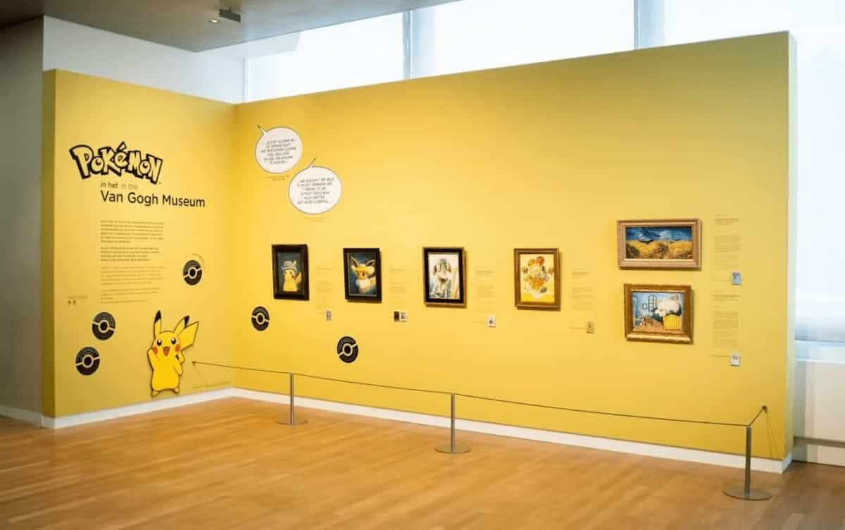 A display of all the Pokemon x Van Gogh paintings, at the Amsterdam Van Gogh Museum.