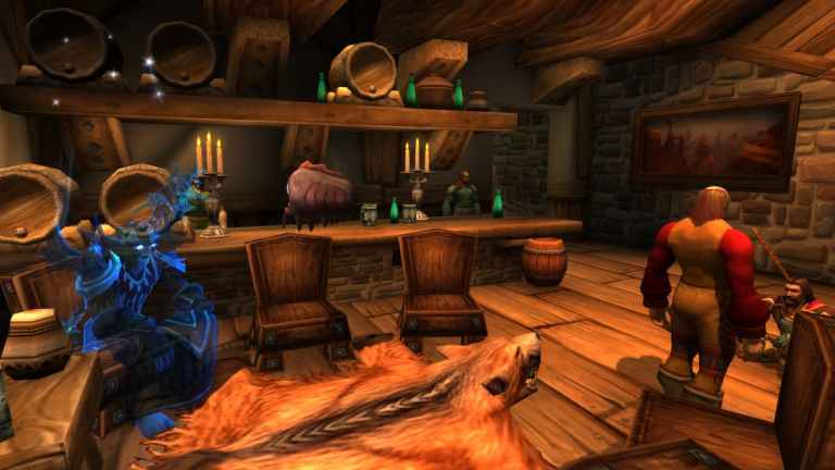 A Night Elf sitting in Goldshire's Lion Pride Inn in the Elwynn Forest in WoW