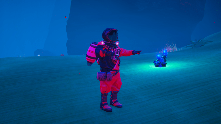 A character pointing at a blue crystal in The Planet Crafter.