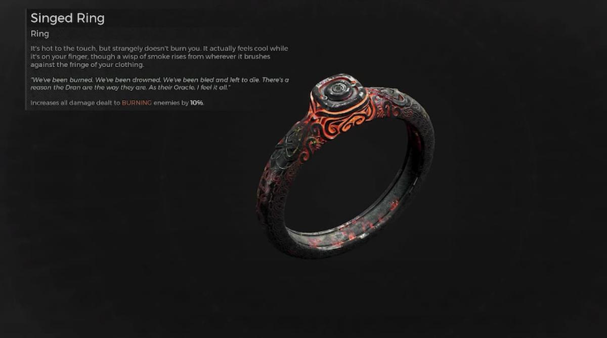 Image showing the Singed Ring and its description in Remnant 2.