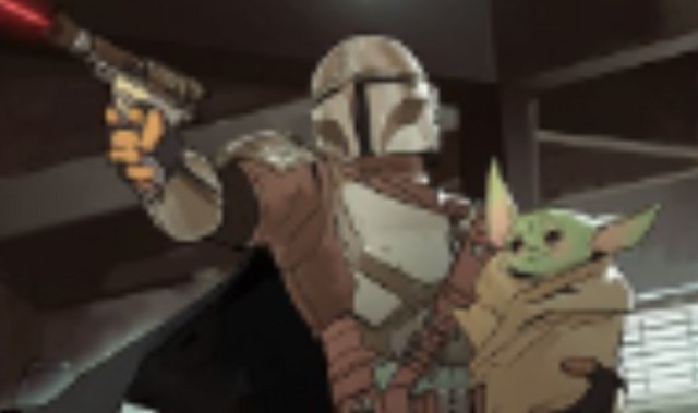 The Mandalorian with Grogu firiing a blaster