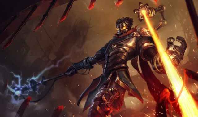 Picture showing Viktor's base splash art in League of Legends, showing him shooting a laser.