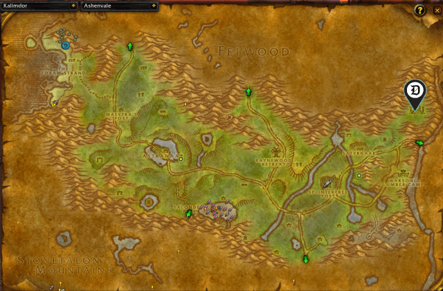 Map of Ashenvale, showing the exact location of Scout Gemeron