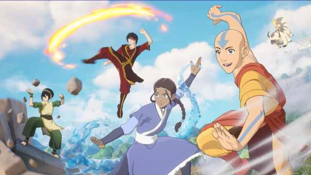 Toph, Zuko, Katara, and Aang bending in Fortnite.