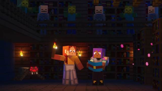 Two characters in a dark space surrounded by mobs in Minecraft.