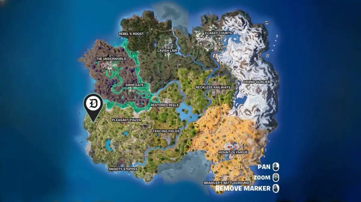 The location of Coastal Columns marked in Fortnite.