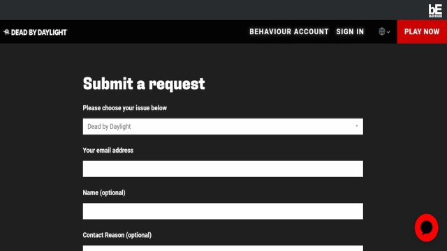 The Dead by Daylight "Submit a request" page.