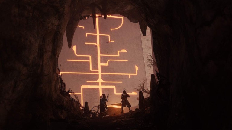 Three guardians stand in a tunnel staring at Darkness architecture in The Final Shape in Destiny 2.