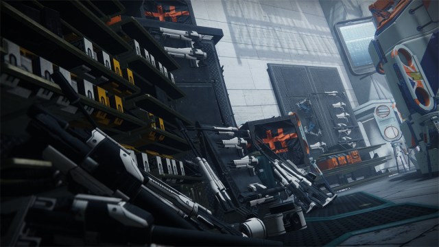 Shaxx's personal vault filled with weapons in the Hall of Champions in Destiny 2.