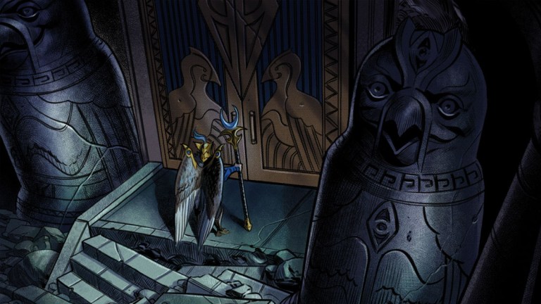 Skywrath Mage stands at a giant door next to an owl statue in a Dota 2 comic.