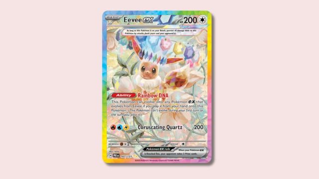 Eevee ex card on a plain pink background.