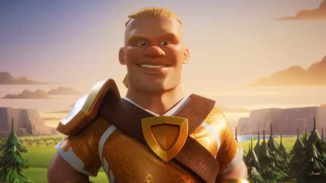 Erling Haaland's Clash of Clans character smiling at the camera while wearing full yellow armor