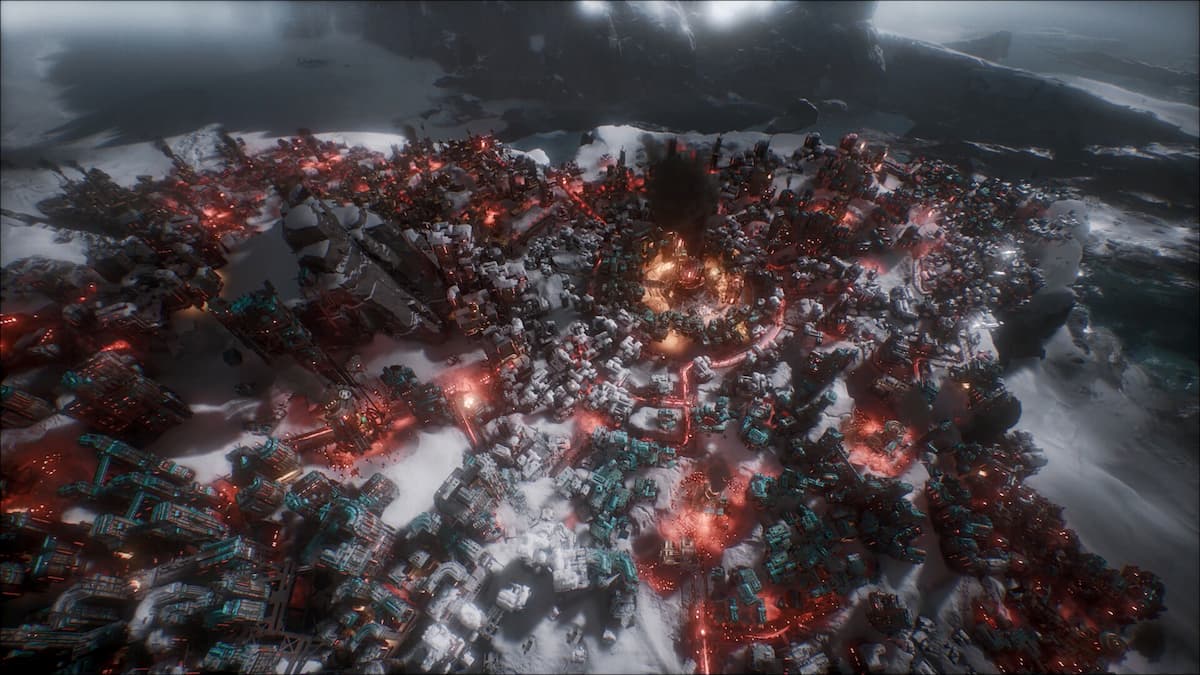 Frostpunk 2 city in red emergency lights