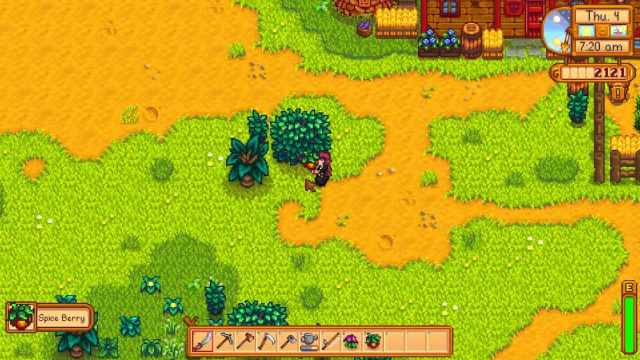 The player picking up a foraged item in Stardew Valley.