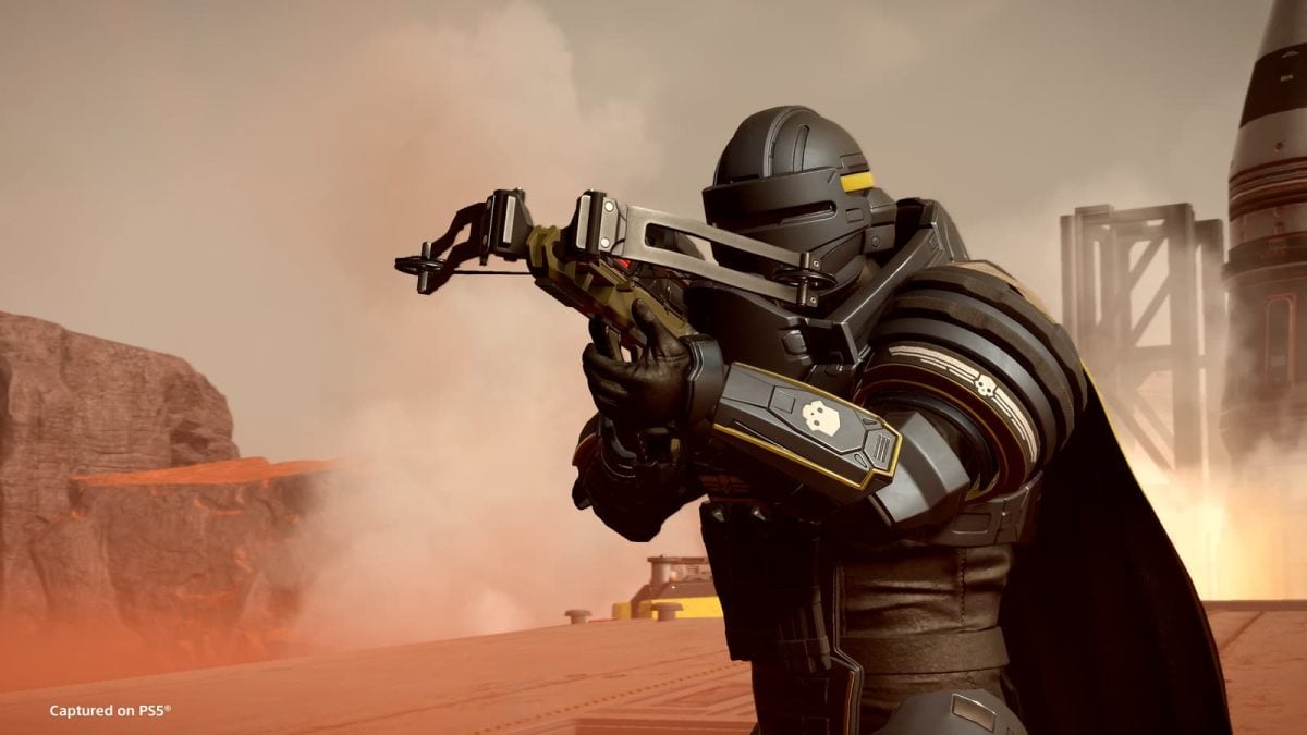 A Helldivers 2 player holding an explosive crossbow.