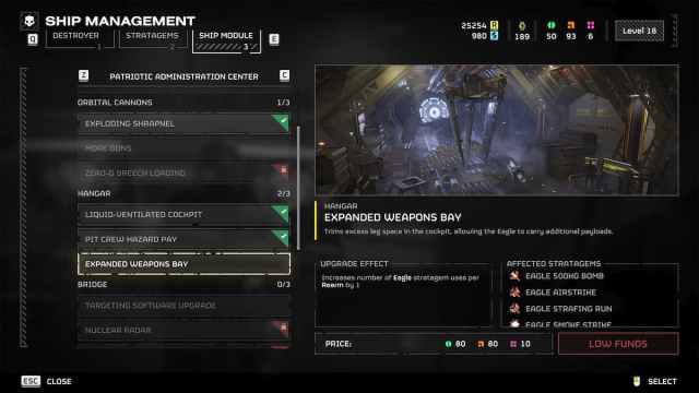 The Ship Management menu in Helldivers 2 with an upgrade selected.