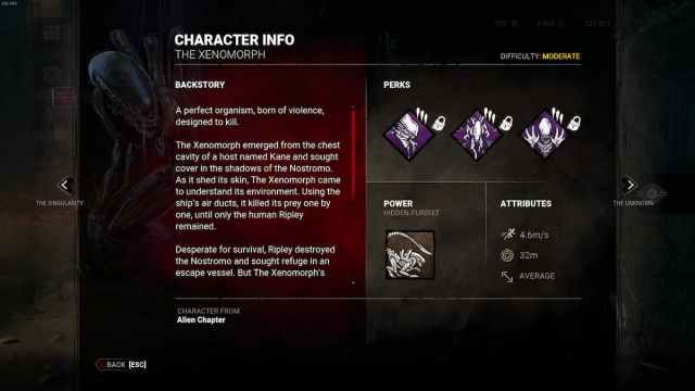 The Xenomorph's character information in Dead by Daylight.