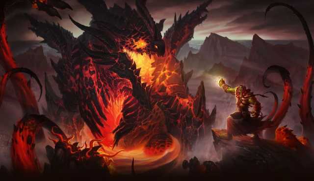 Thrall battling Deathwing in the Dragon Soul raid in World of Warcraft Cataclysm