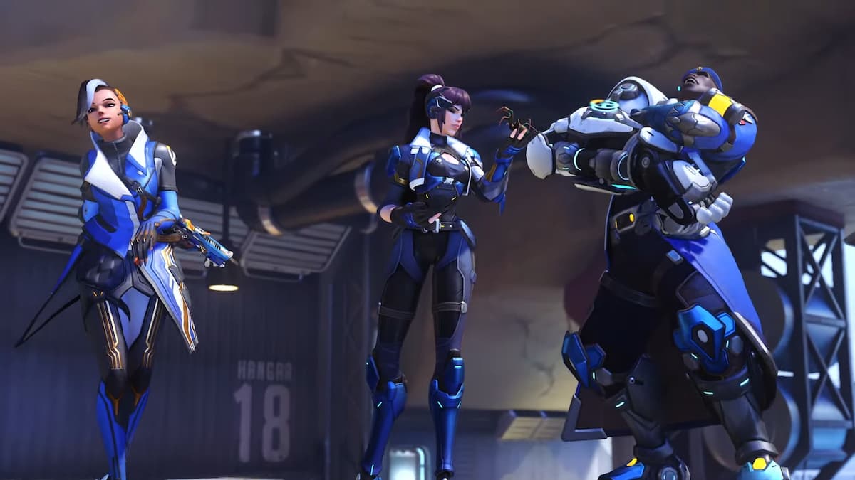 Sombra, Widowmaker, and Doomfist in Overwatch gear.