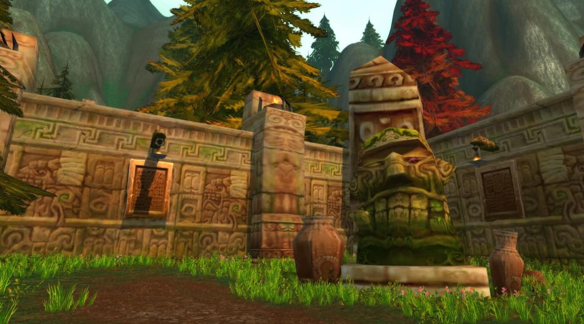 Chillwind Point in the Alterac Mountains in World of Warcraft. A Troll idea can be seen in the foreground.