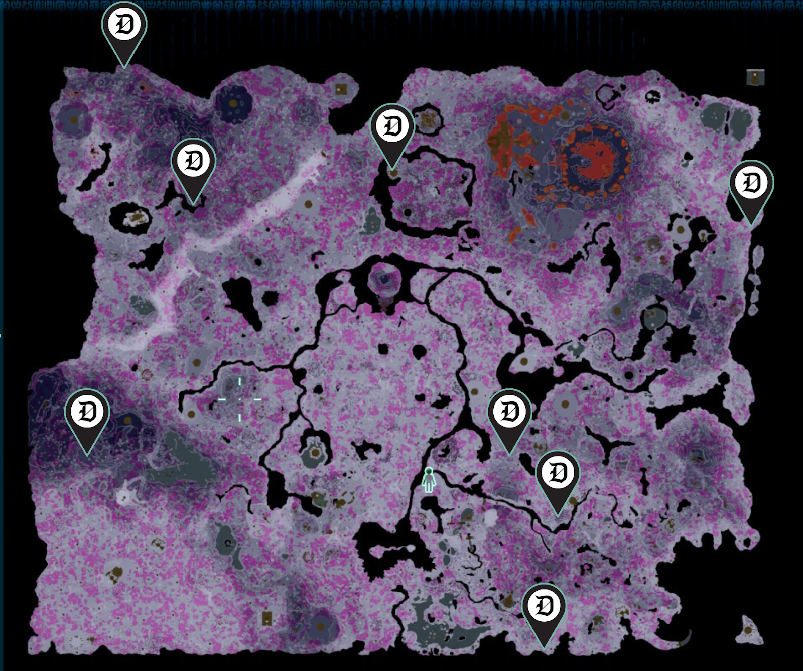 A map of Hyrule's depths from The Legend of Zelda: Tears of the Kingdom with eight marked locations.