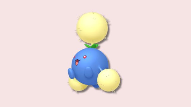 Jumpluff on a plain pink background.