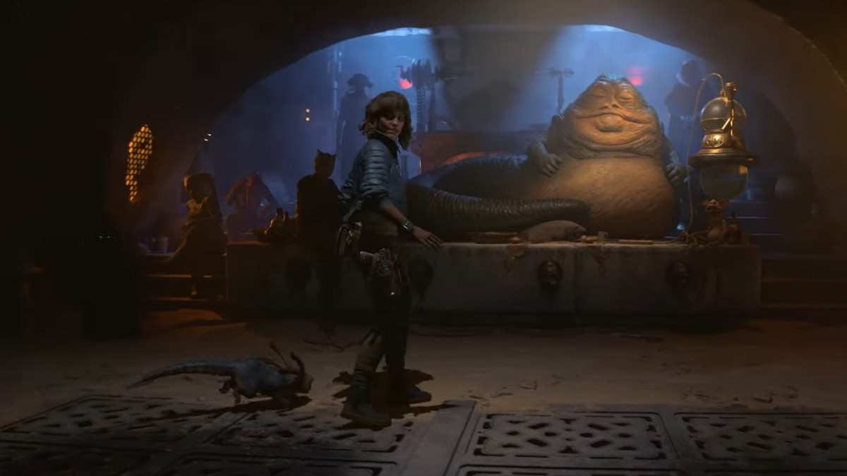 Kay Vess and Nix standing in front of Jabba in Star Wars Outlaws.