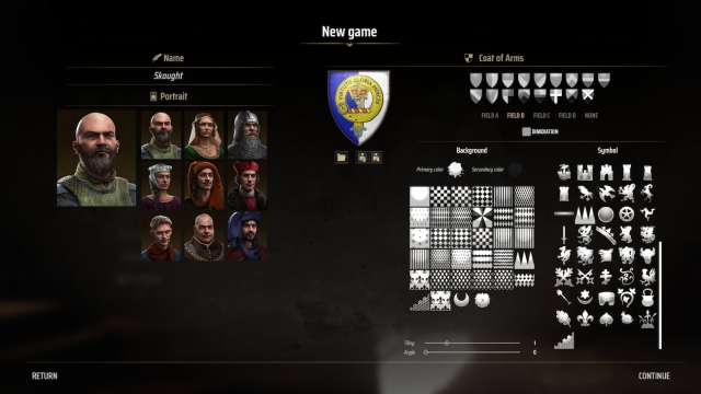 Coat of Arms creator with a custom image uploaded in Manor Lords.