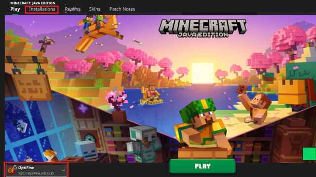 Installations and the switch game option marked in the Minecraft Launcher.