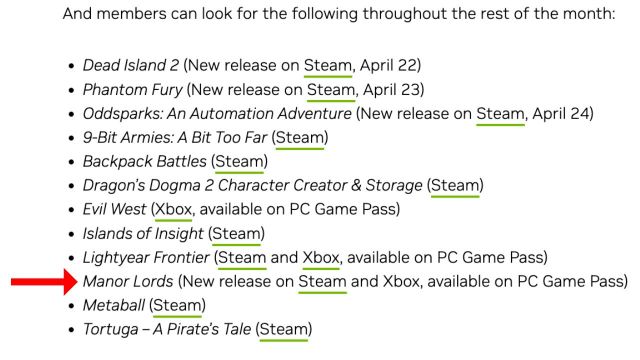 red arrow pointing to manor lords on GFN release schedule for april