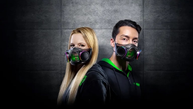 Two people wearing a Razer Zephyr mask.