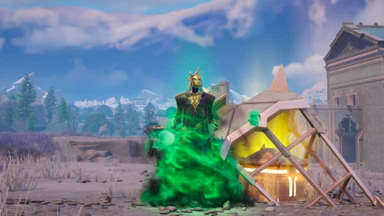 Hades by an Underworld chest in Fortnite.