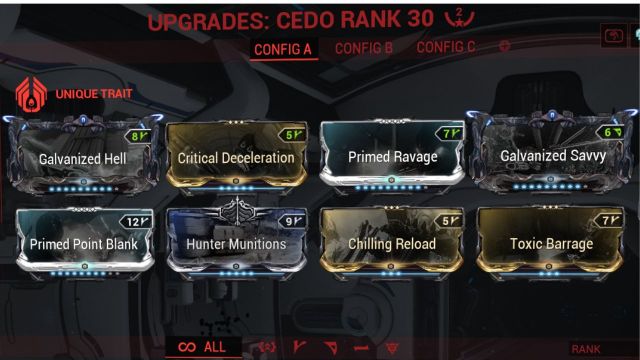 A screenshot of a Cedo build in Warframe.