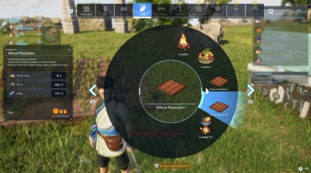 A player in Palworld hovering over the Wheat Plantation in the build menu.