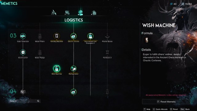 logistics tree and all nodes including the wish machine in once human