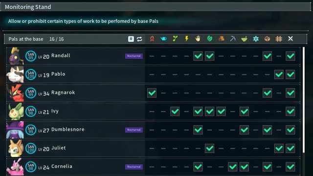 The work preference options in Palworld.