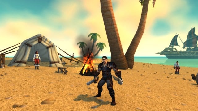 An Outlaw Rogue dual wielding swords in World of Warcraft inside a pirate camp in Stranglethorn Vale