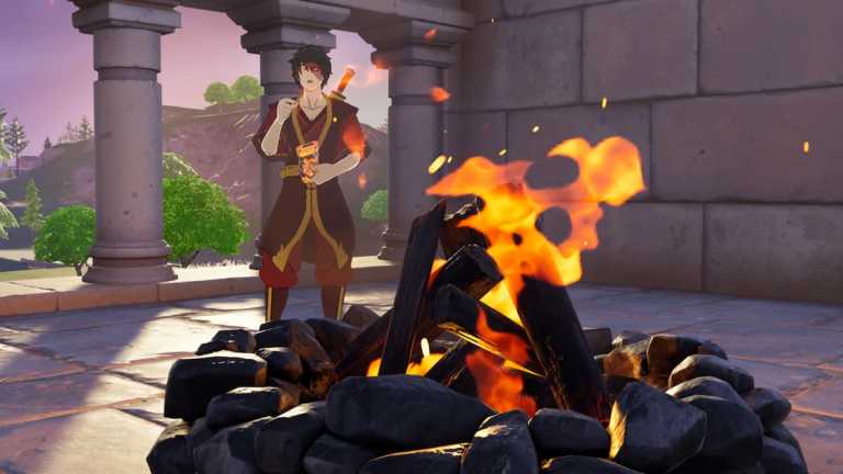 Zuko eating a snack by a lit campfire in Fortnite.