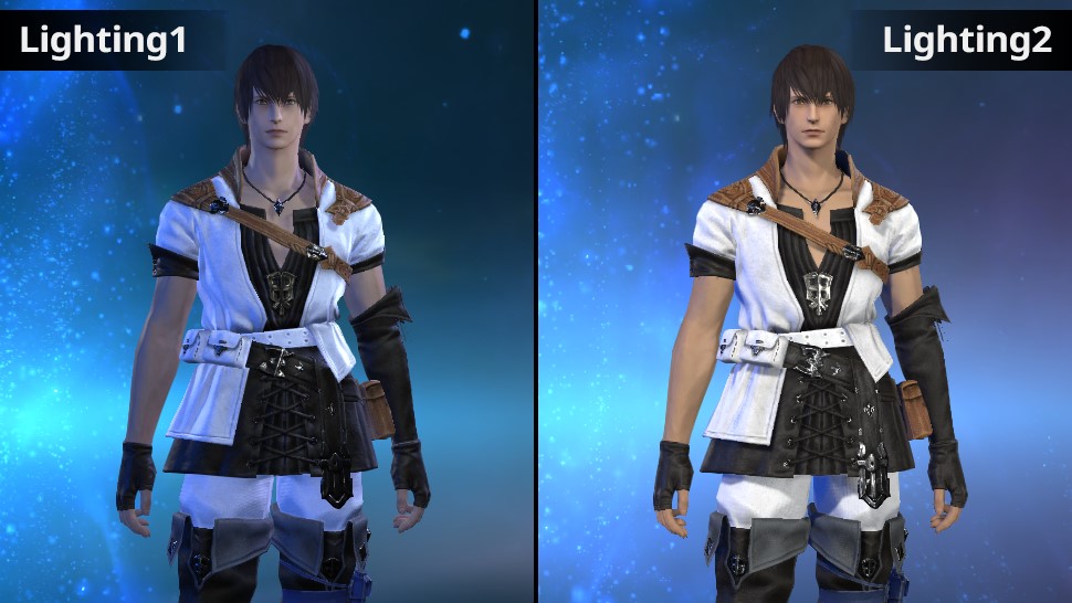 Two images of the same default male hyur character from Final Fantasy 14 in different lighting conditions are presented side by side to showcase the changes made to the character creator in Dawntrail.