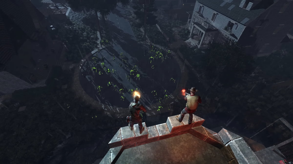 Two 7 Days to Die players shooting at zoombies from a tall place.