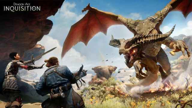 A promotional image of Varric and Cassandra fighting a dragon in Dragon Age: Inquisition.