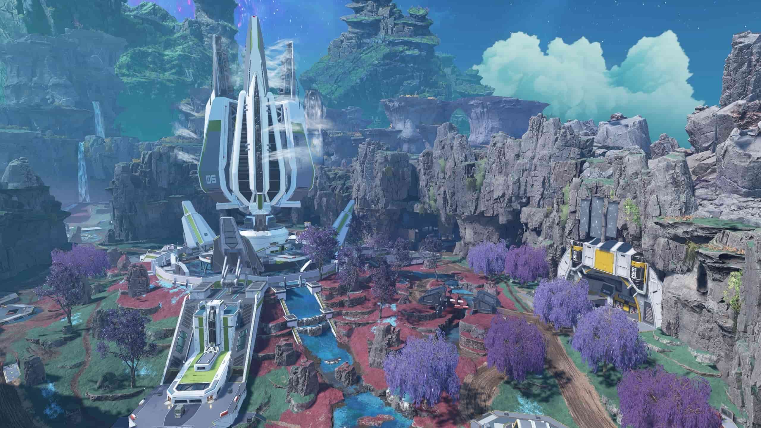 Terraformer in Apex Legend spins above purple trees and fields of red grass.