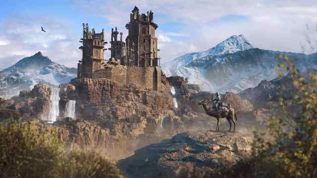 Assassin's Creed Mirage showing a structure in the distance and a character on a horse.