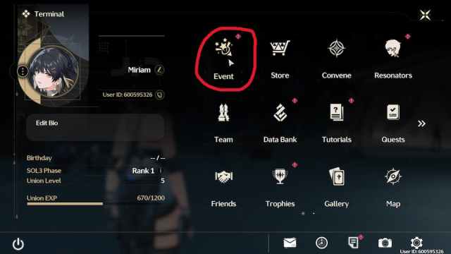 Wuthering waves main menu with the Events tab circled