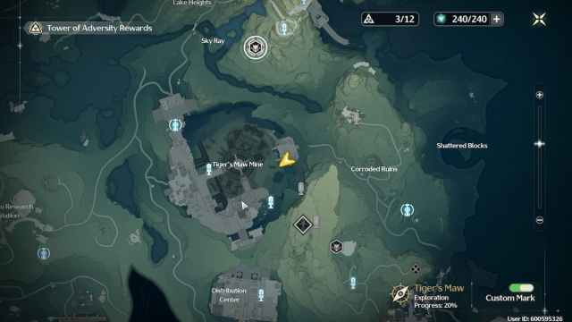 Tiger's Maw Mine in Wuthering Waves shown on a map