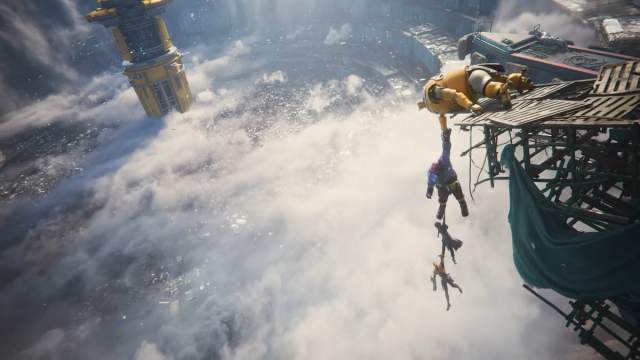 Concord cinematic trailer screenshot featuring four Freegunners hanging from a ledge above clouds