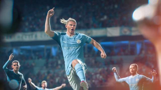 Erling Haaland jumping in the air in celebration in EA FC 24