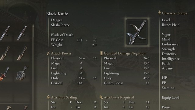 The Black Knife dagger in Elden Ring in the game's inventory screen.