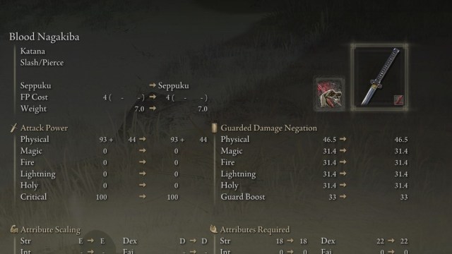 The Nagakiba Katana in Elden Ring.