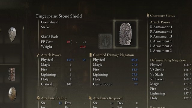 The Fingerprint Stone Shield in the inventory of an Elden Ring character.